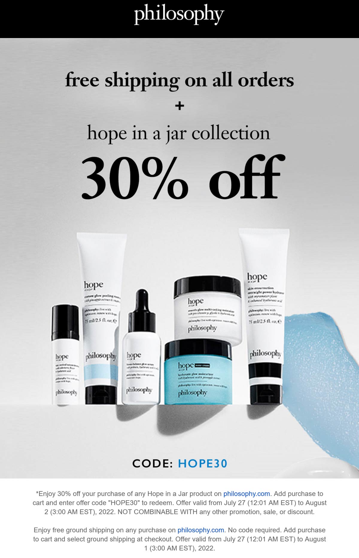 Philosophy stores Coupon  30% off any Hope in a Jar product at Philosophy via promo code HOPE30 #philosophy 
