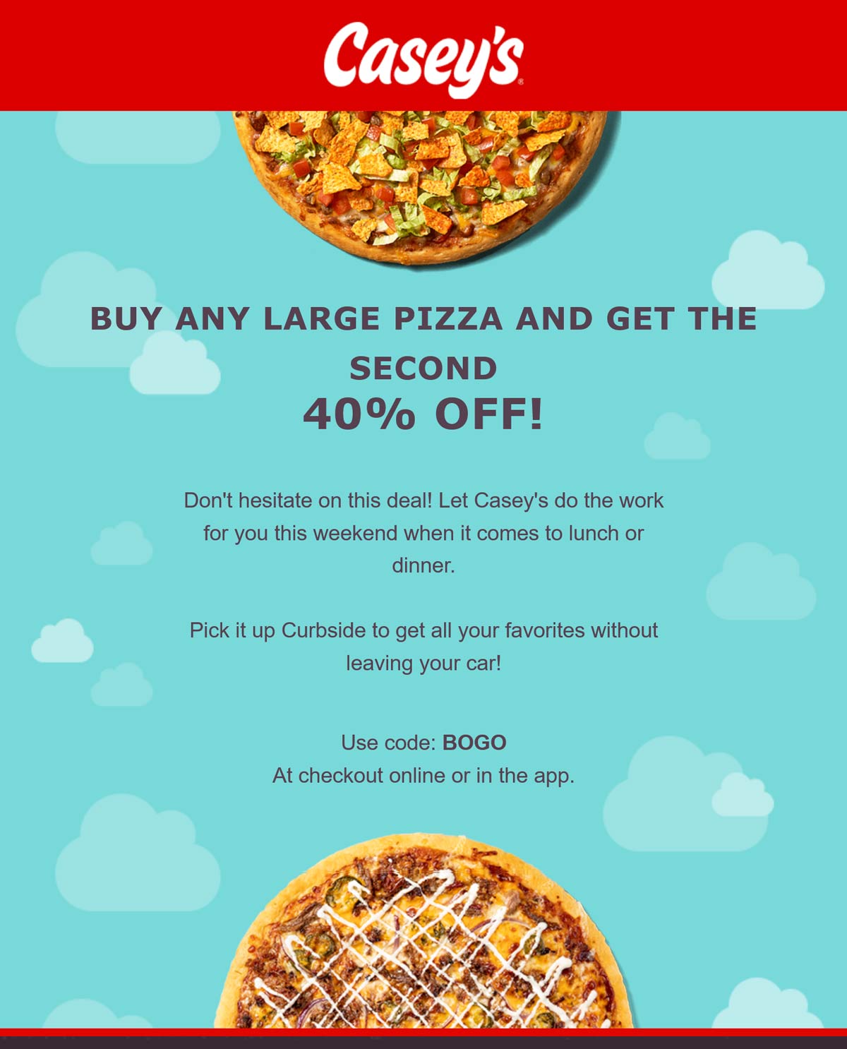 Caseys restaurants Coupon  Second pizza 40% off at Caseys General Store gas stations via promo code BOGO #caseys 