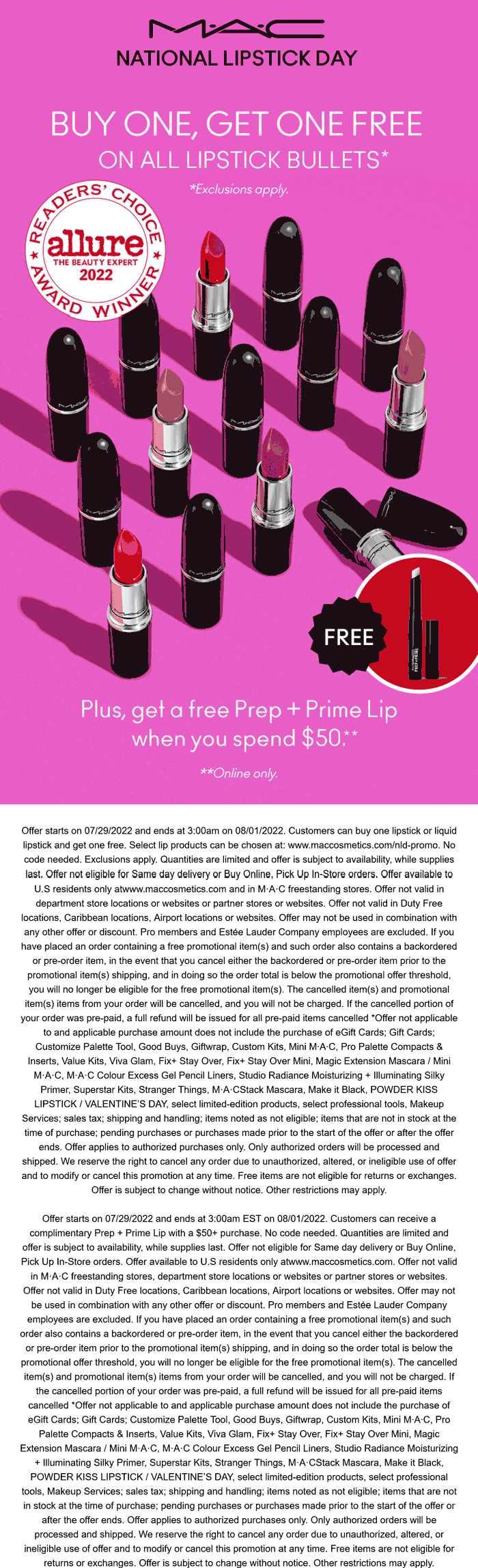 MAC stores Coupon  Second lipstick free & free prep + prime lip on $50 online at MAC cosmetics #mac 