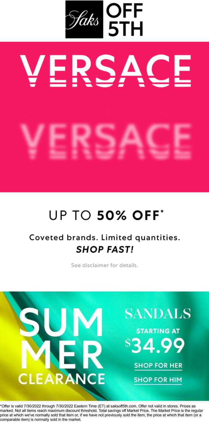 Saks OFF 5TH stores Coupon  Various Versace 50% off today online at Saks OFF 5TH #saksoff5th 