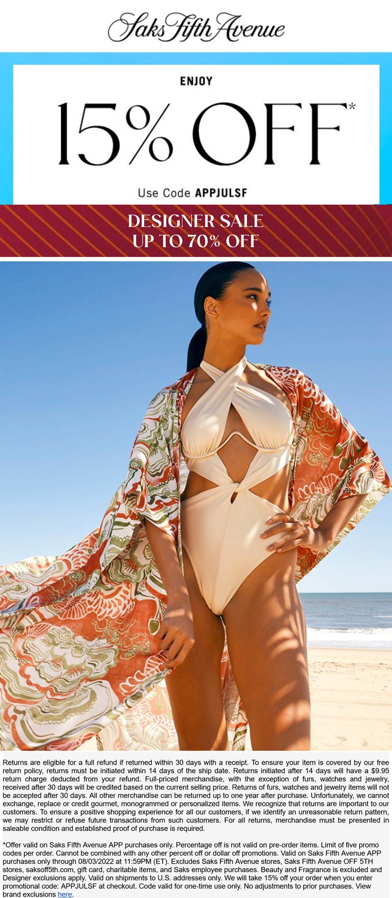 Saks Fifth Avenue stores Coupon  15% off at Saks Fifth Avenue via mobile promo code APPJULSF #saksfifthavenue 