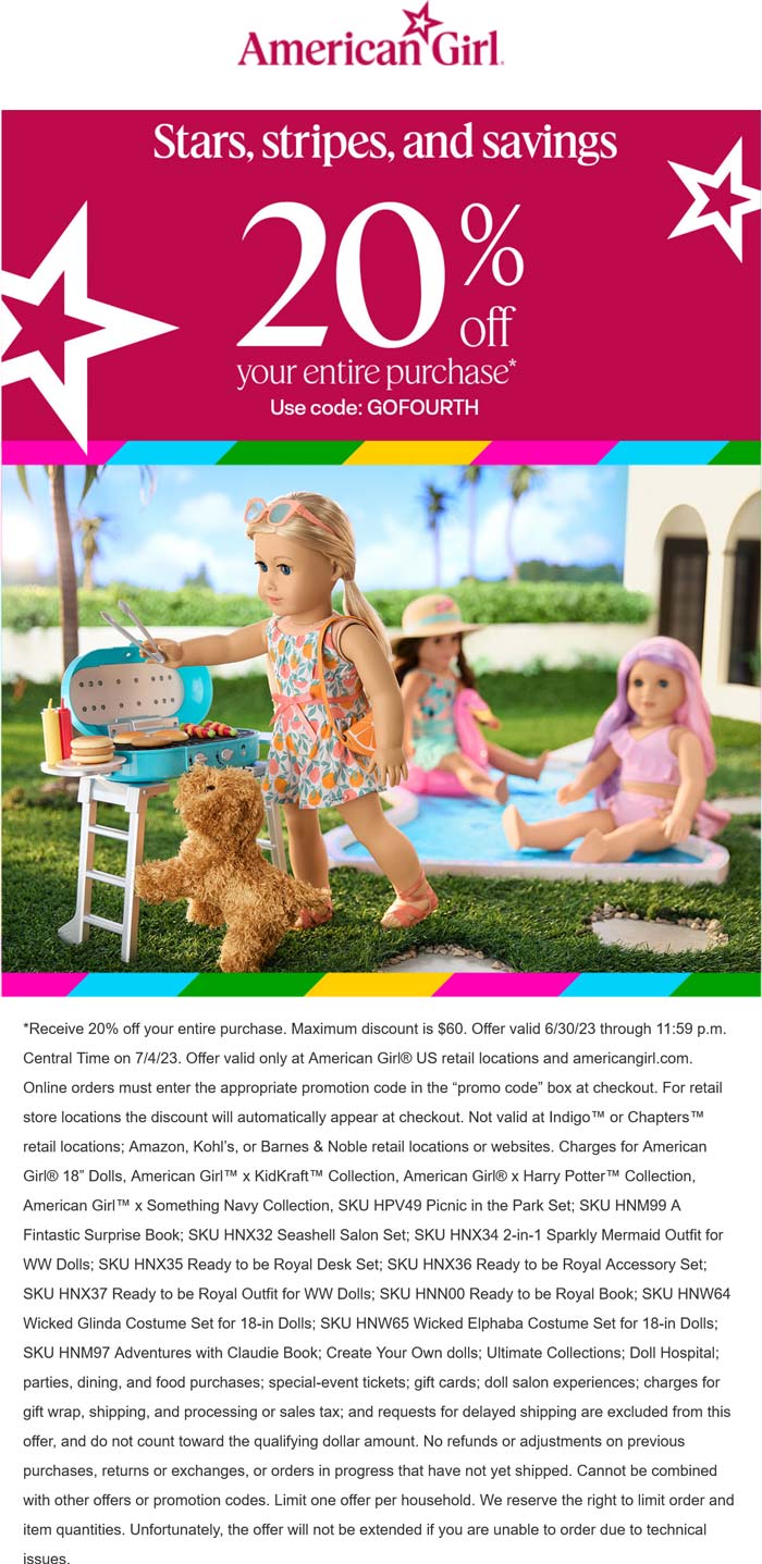 American Girl stores Coupon  20% off at American Girl dolls, or online via promo code GOFOURTH #americangirl 