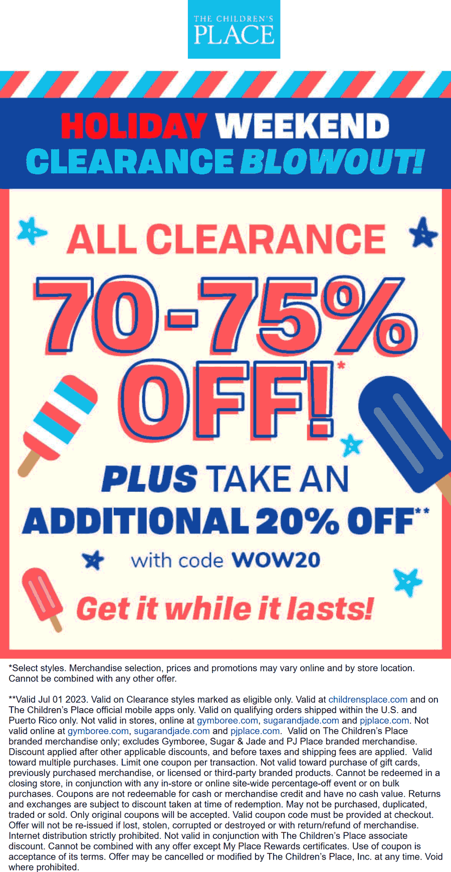 The Childrens Place stores Coupon  Extra 20% off online today at The Childrens Place via promo code WOW20 #thechildrensplace 