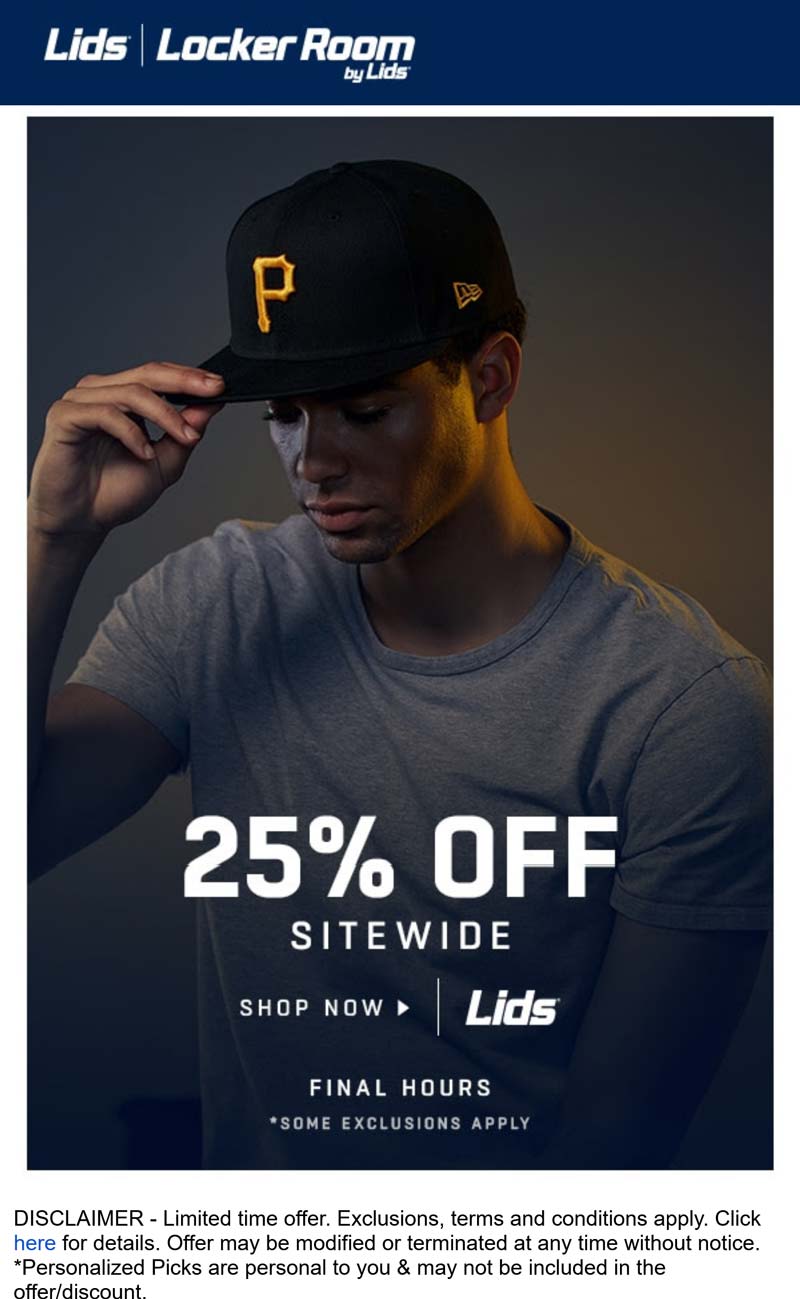 Lids stores Coupon  25% off everything online today at Lids #lids 