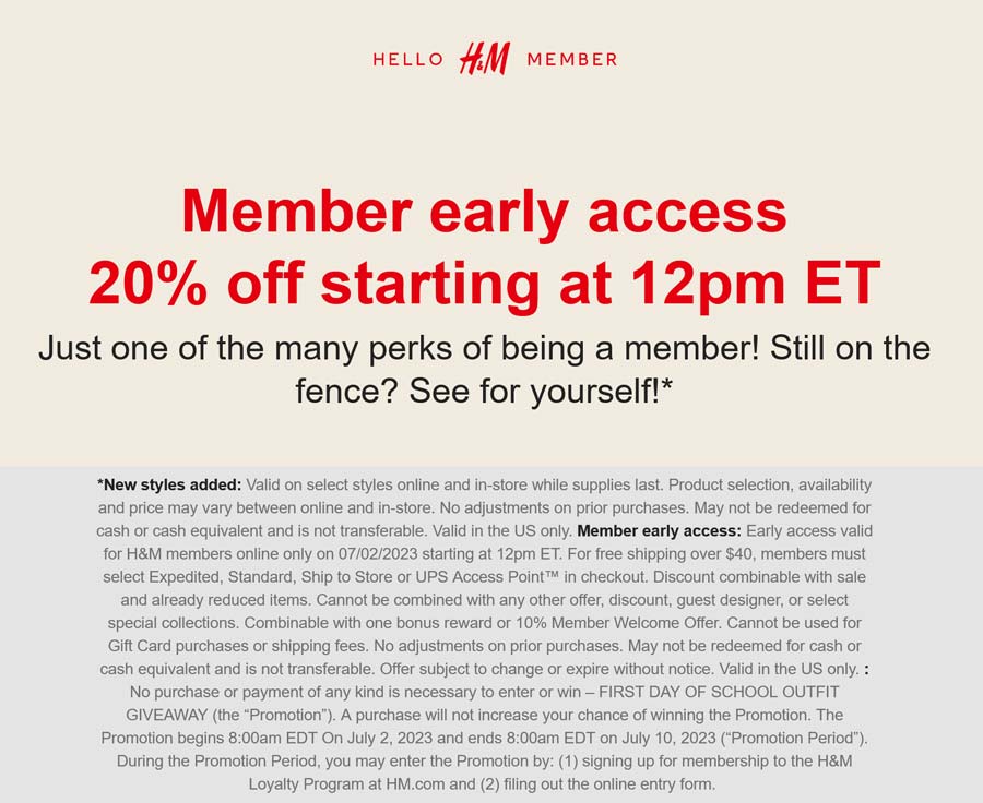 H&M stores Coupon  20% off today at H&M #hm 