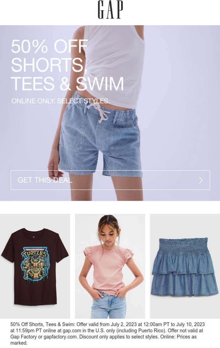 Gap stores Coupon  50% off shorts tees & swim online at Gap #gap 