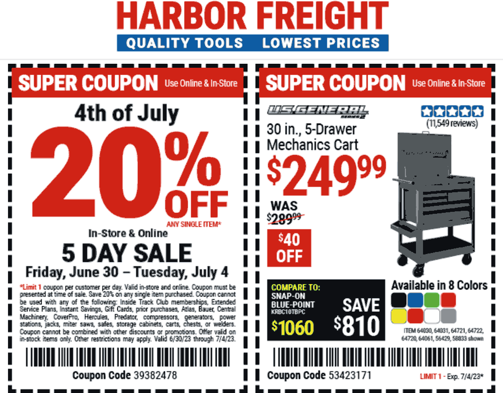 Harbor Freight stores Coupon  20% off a single item at Harbor Freight tools #harborfreight 