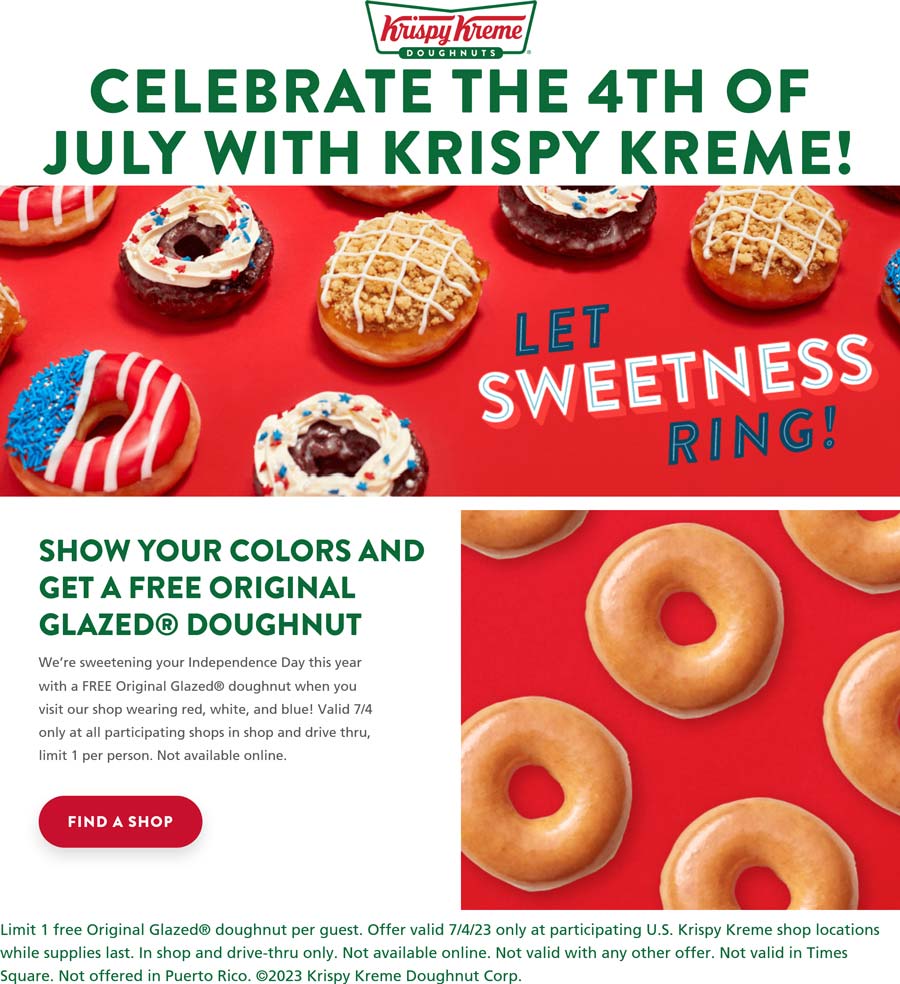 Krispy Kreme restaurants Coupon  Free donut the 4th at Krispy Kreme doughnuts #krispykreme 