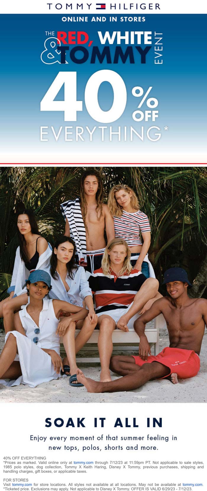 Tommy Hilfiger stores Coupon  40% off everything at Tommy Hilfiger, ditto online #tommyhilfiger 