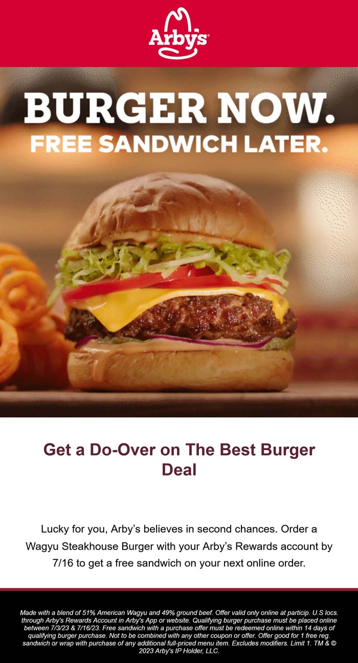Arbys restaurants Coupon  Free followup sandwich with your burger online at Arbys #arbys 