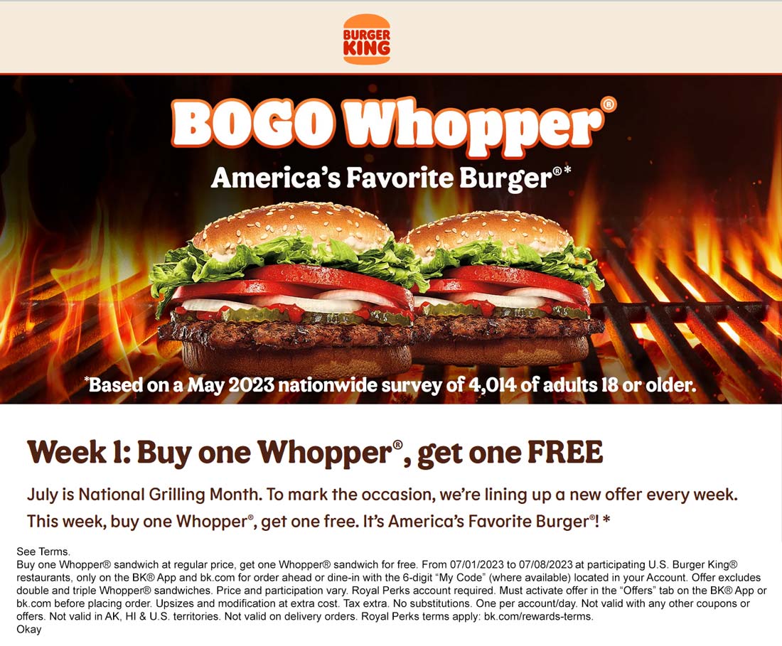 Burger King restaurants Coupon  Second whopper sandwich free online at Burger King #burgerking 
