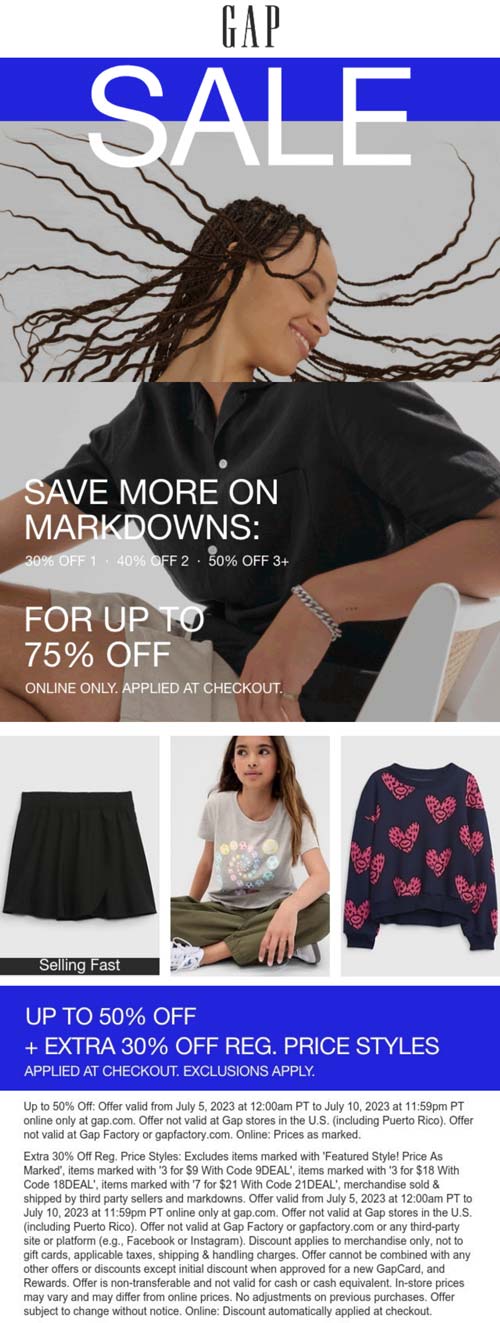 Gap stores Coupon  Extra 30-50% off sale items online at Gap via promo code 9DEAL #gap 