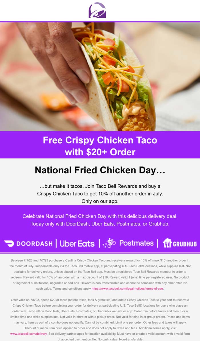 Taco Bell restaurants Coupon  Free chicken taco on $20 delivery today at Taco Bell #tacobell 
