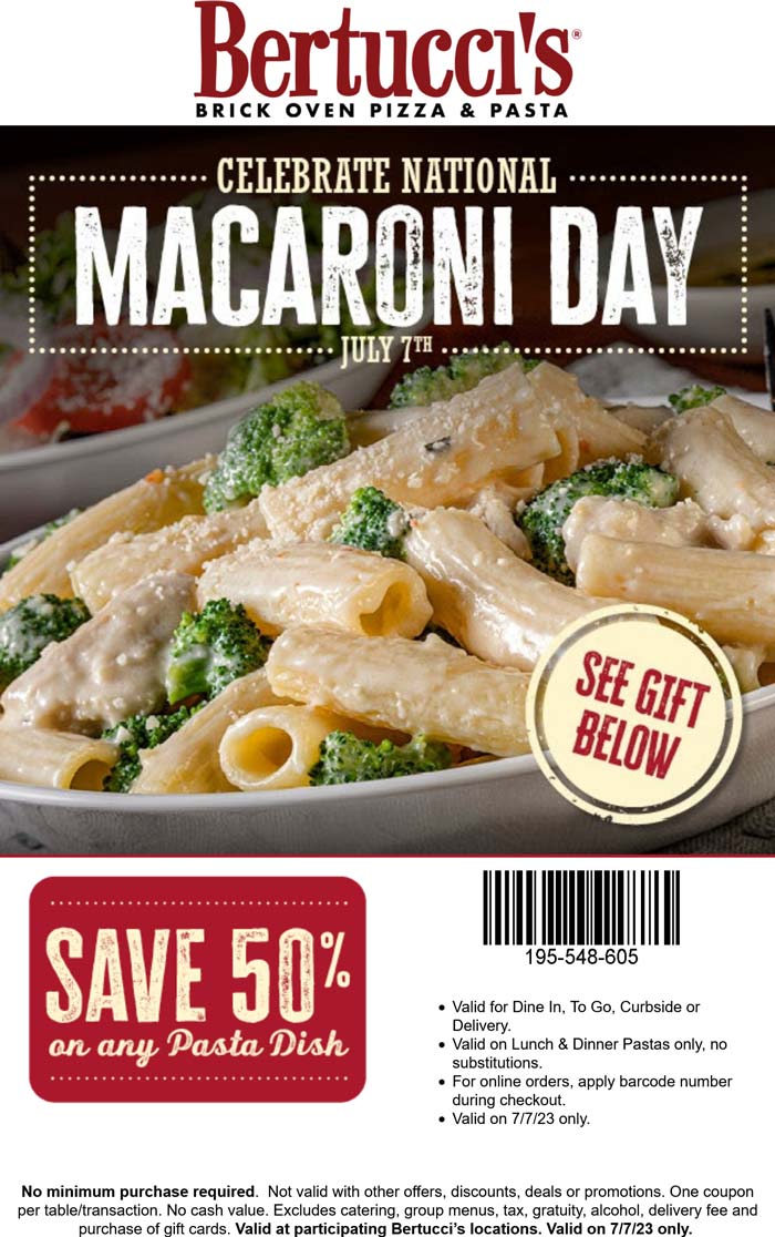 Bertuccis restaurants Coupon  50% off any pasta dish today at Bertuccis restaurants #bertuccis 