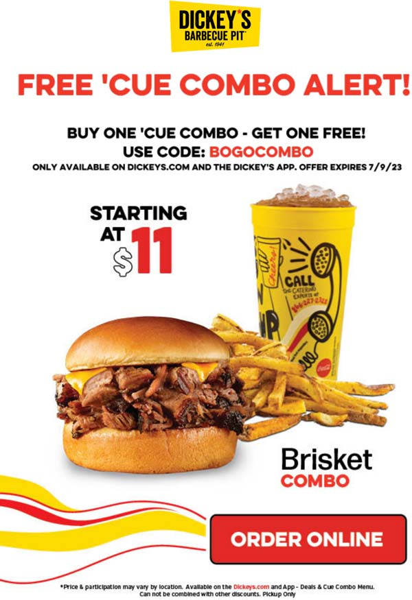 Dickeys Barbecue Pit restaurants Coupon  Second combo meal free at Dickeys Barbecue Pit via promo code BOGOCOMBO #dickeysbarbecuepit 