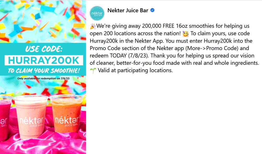 Nekter Juice Bar restaurants Coupon   Free smoothie today at Nekter Juice Bar via promo code HURRAY200K #nekterjuicebar 