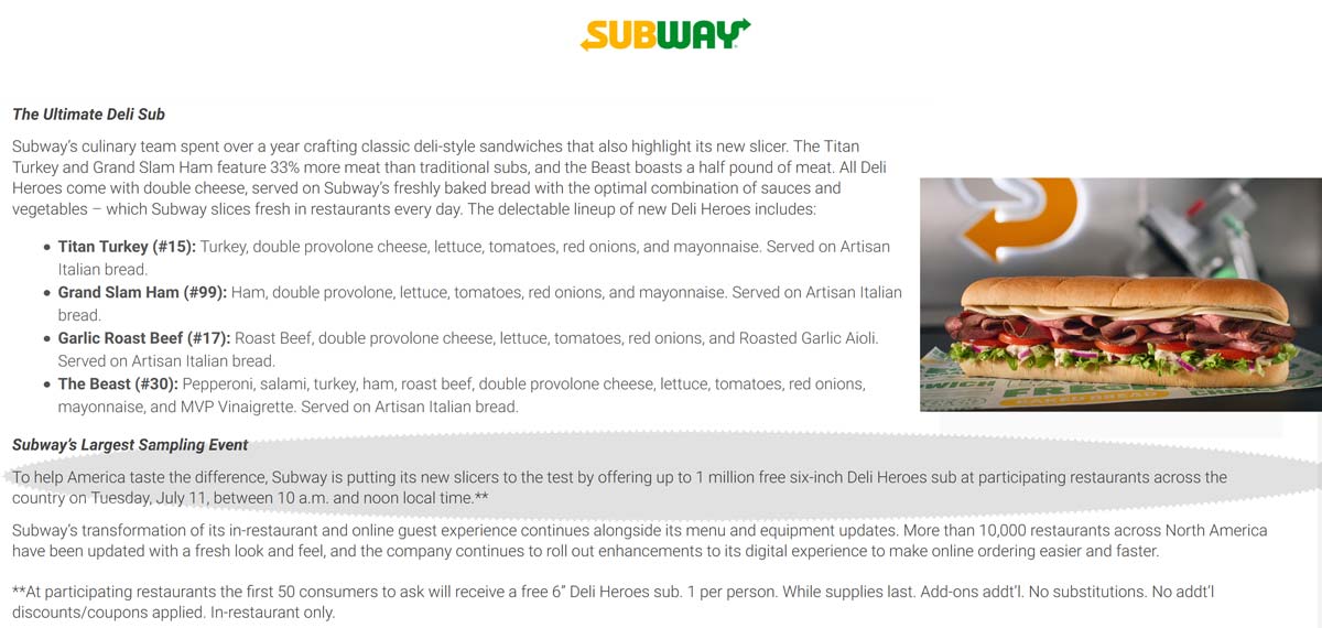 Subway restaurants Coupon  First 50 people 10am Tuesday enjoy a free 6 inch sub sandwich at Subway #subway 