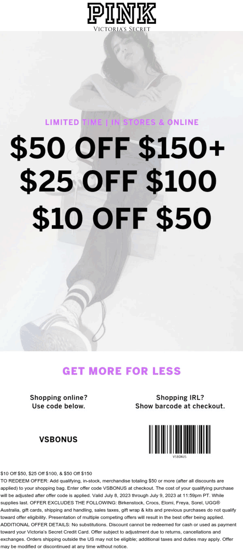 PINK stores Coupon  $10 off $50 & more today at PINK, or online via promo code VSBONUS #pink 