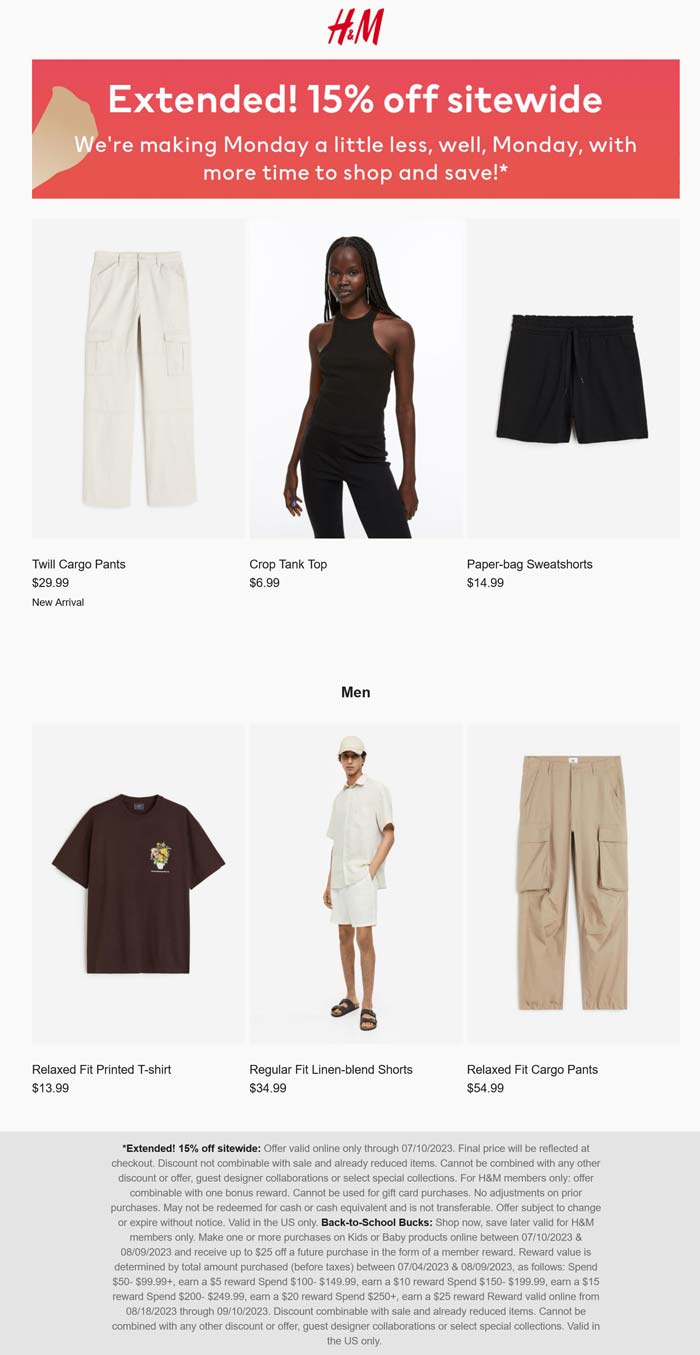 H&M stores Coupon  Extra 15% off everything online today at H&M #hm 