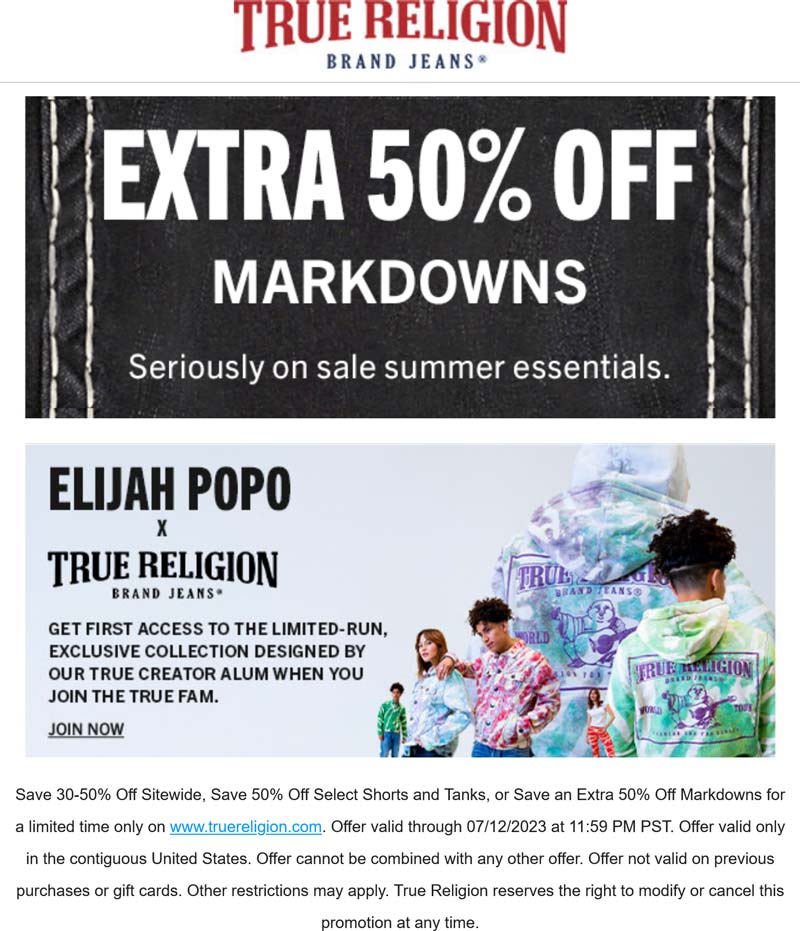 True Religion stores Coupon  Extra 50% off markdowns at True Religion #truereligion 