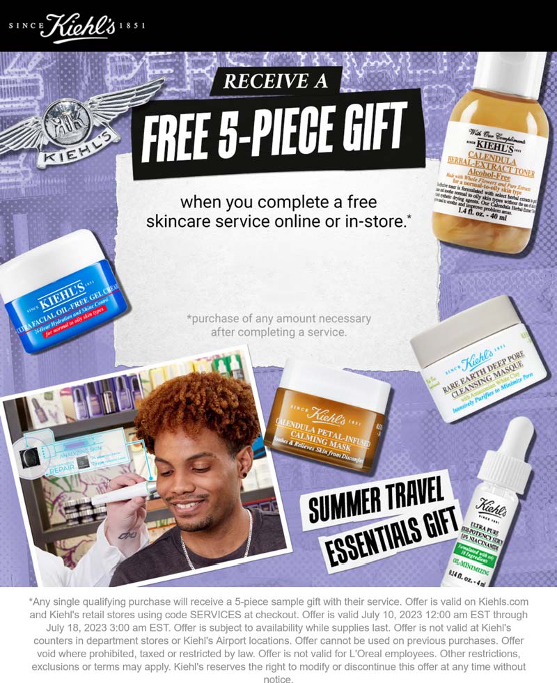 Kiehls stores Coupon  Free 5pc set with any free skincare service at Kiehls #kiehls 