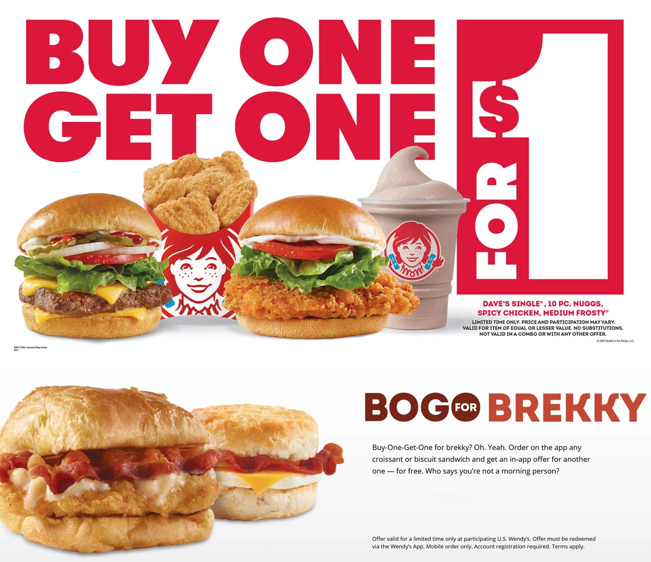 Wendys restaurants Coupon  Second cheeseburger, chicken or 10pc nuggets for $1 or free breakfast sandwich at Wendys #wendys 