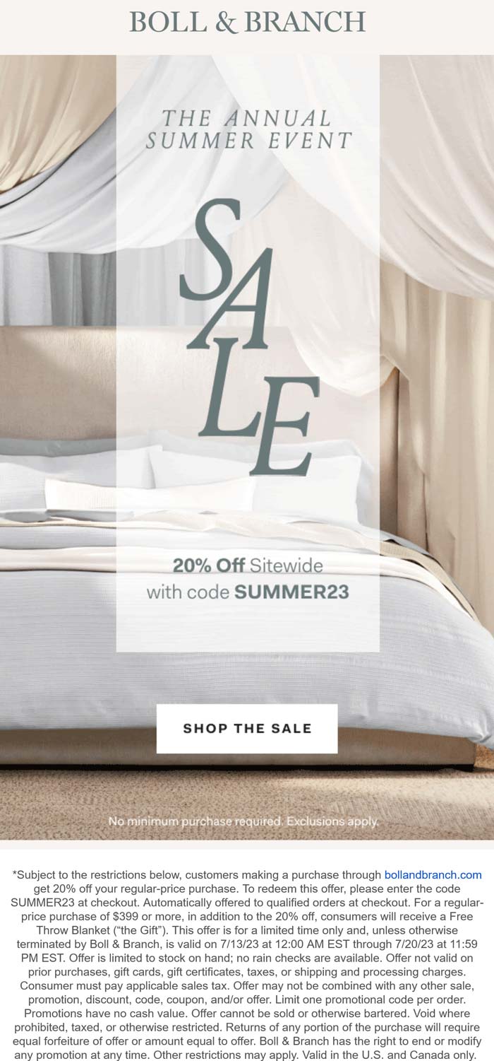 Boll & Branch stores Coupon  20% off everything at Boll & Branch via promo code SUMMER23 #bollbranch 