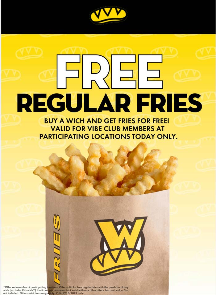 Which Wich restaurants Coupon  Free fries with your sandwich today at Which Wich #whichwich 