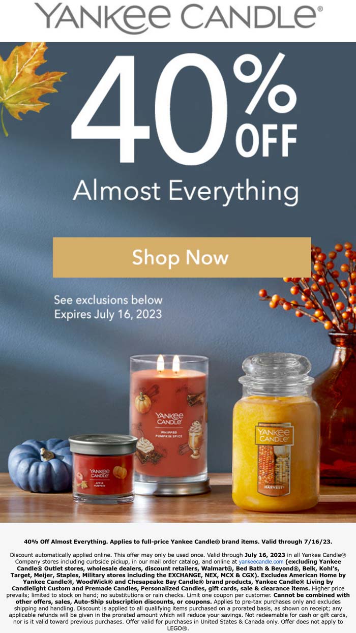 Yankee Candle stores Coupon  40% off everything at Yankee Candle, ditto online #yankeecandle 
