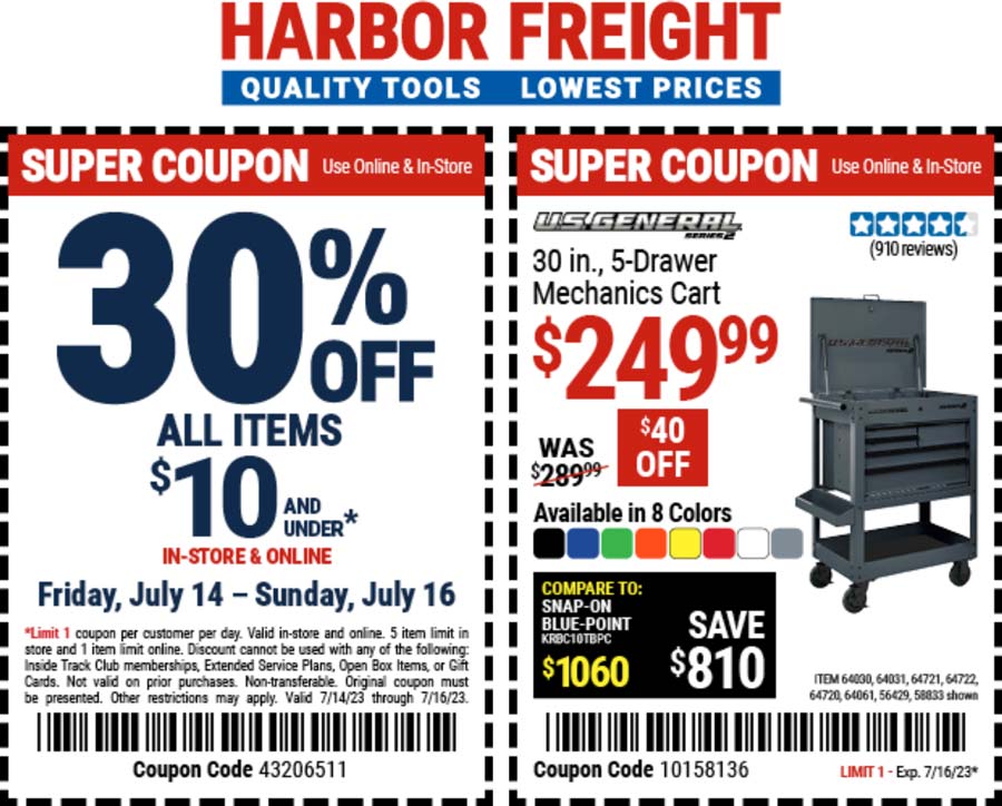 Harbor Freight stores Coupon  30% off items under $11 at Harbor Freight Tools, or online via promo code 43206511 #harborfreight 