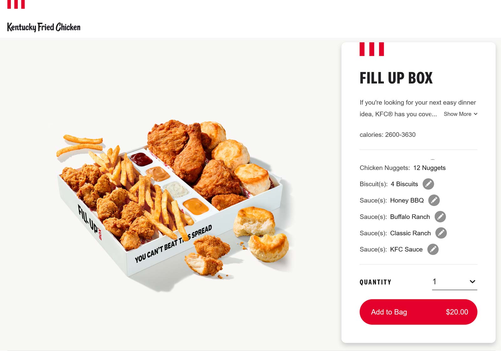 KFC restaurants Coupon  4pc chicken + 12 nuggets + fries + 4 biscuits = $20 fill up box at KFC #kfc 