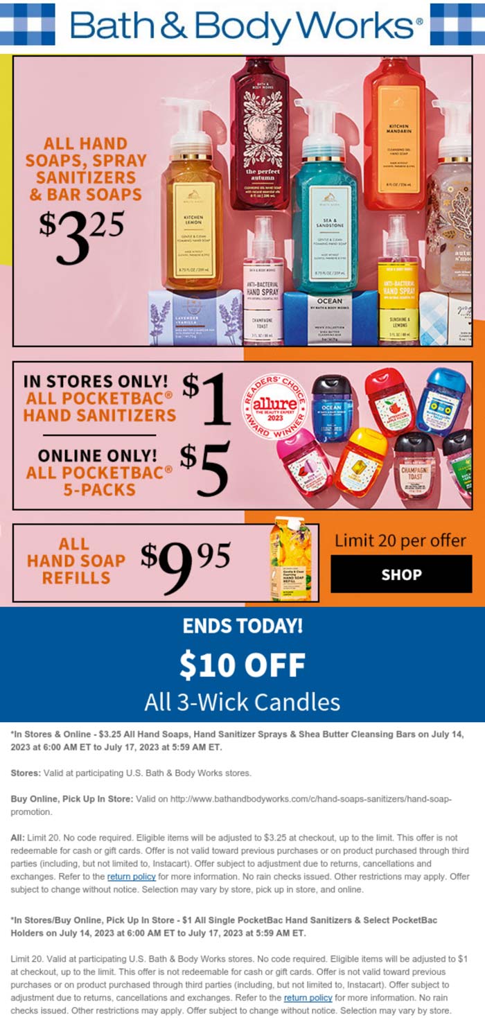 Bath & Body Works stores Coupon  $10 off 3-wick candles today at Bath & Body Works #bathbodyworks 