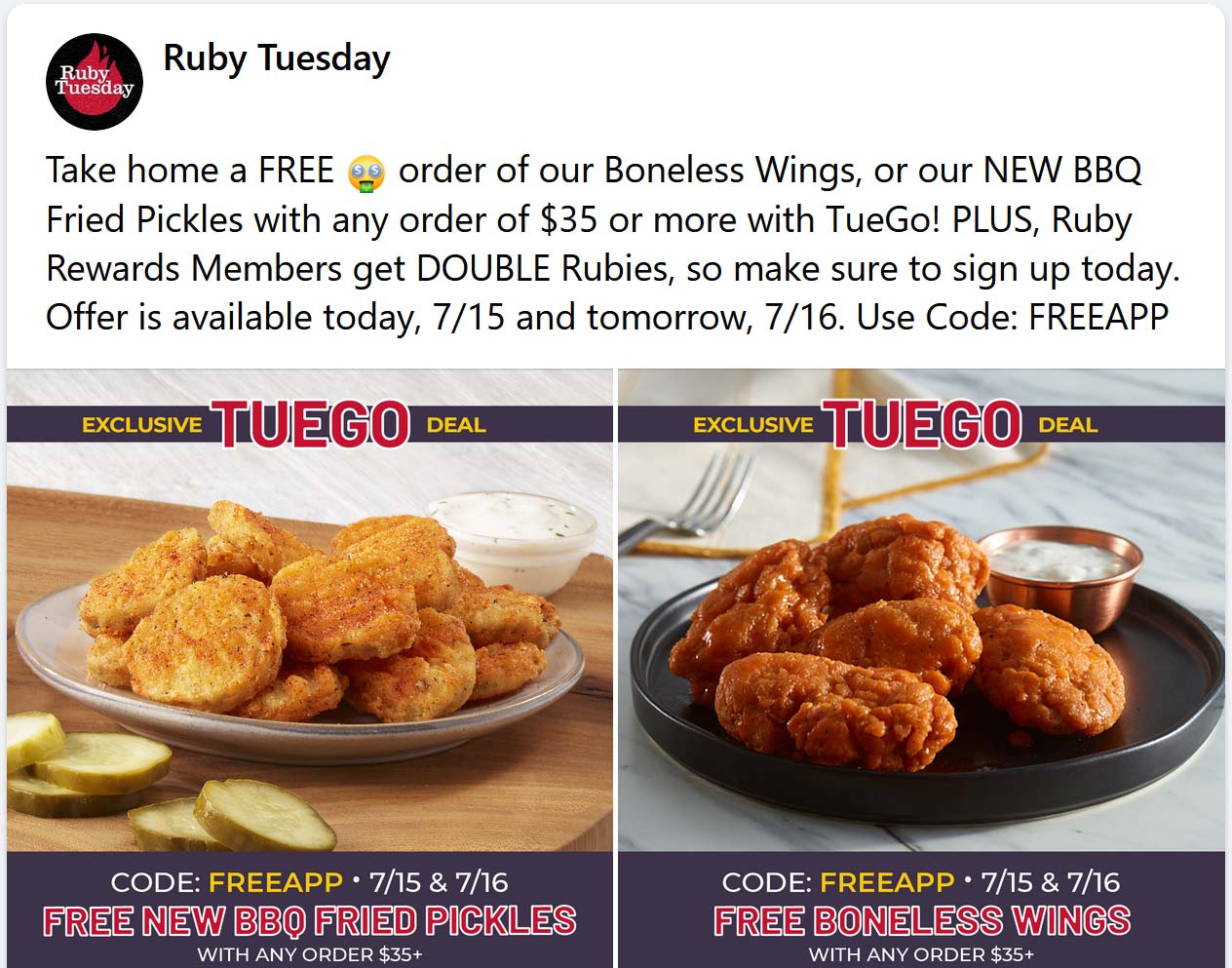 Ruby Tuesday restaurants Coupon  Free boneless wings or fried pickles on $35 today at Ruby Tuesday restaurants #rubytuesday 
