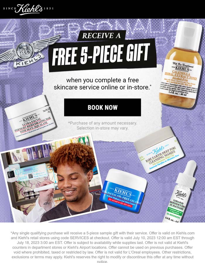 Kiehls stores Coupon  Free 5pc set with your free skincare service today at Kiehls, ditto online #kiehls 