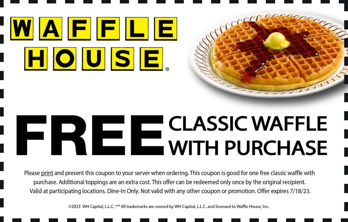 Waffle House restaurants Coupon  Free waffle with your order at Waffle House #wafflehouse 