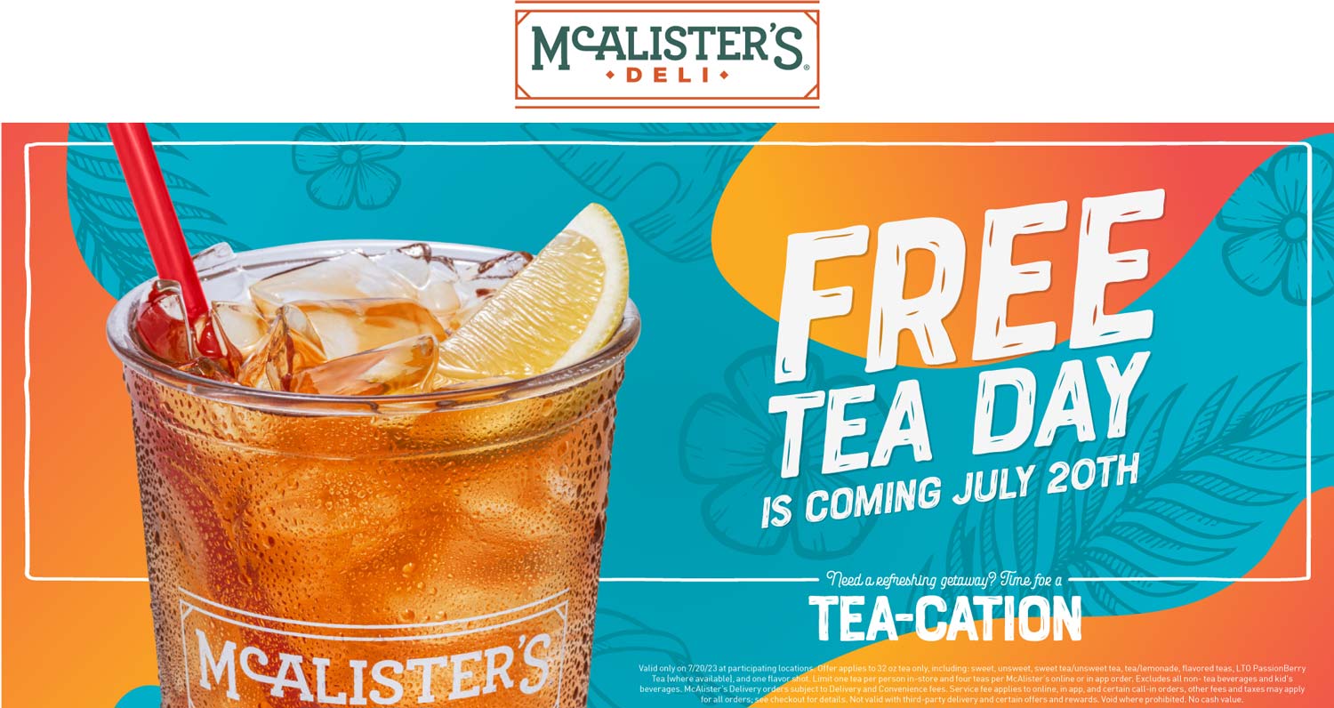 McAlisters Deli restaurants Coupon  Free iced tea Thursday at McAlisters Deli restaurants, no purchase necessary #mcalistersdeli 