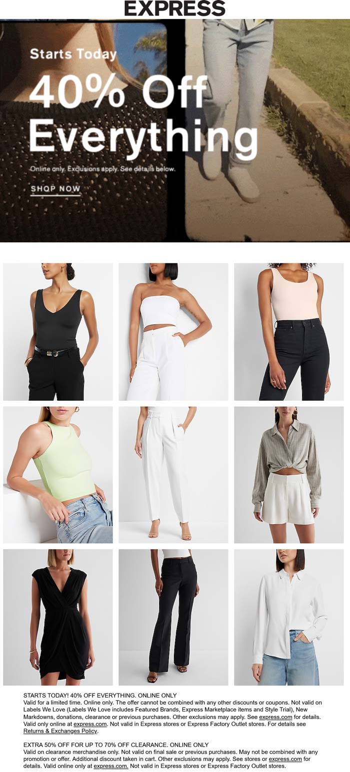 Express stores Coupon  40% off everything online at Express #express 