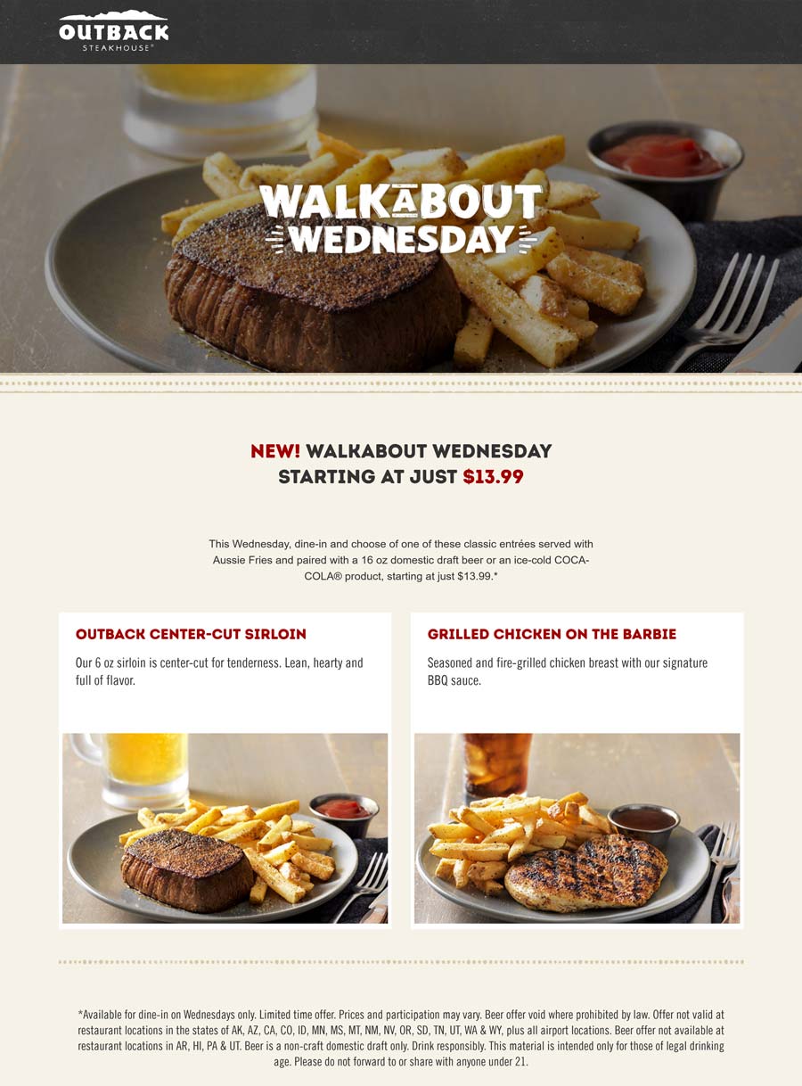 Outback Steakhouse restaurants Coupon  Sirloin or grilled chicken meal + beer or soda = $14 today at Outback Steakhouse #outbacksteakhouse 