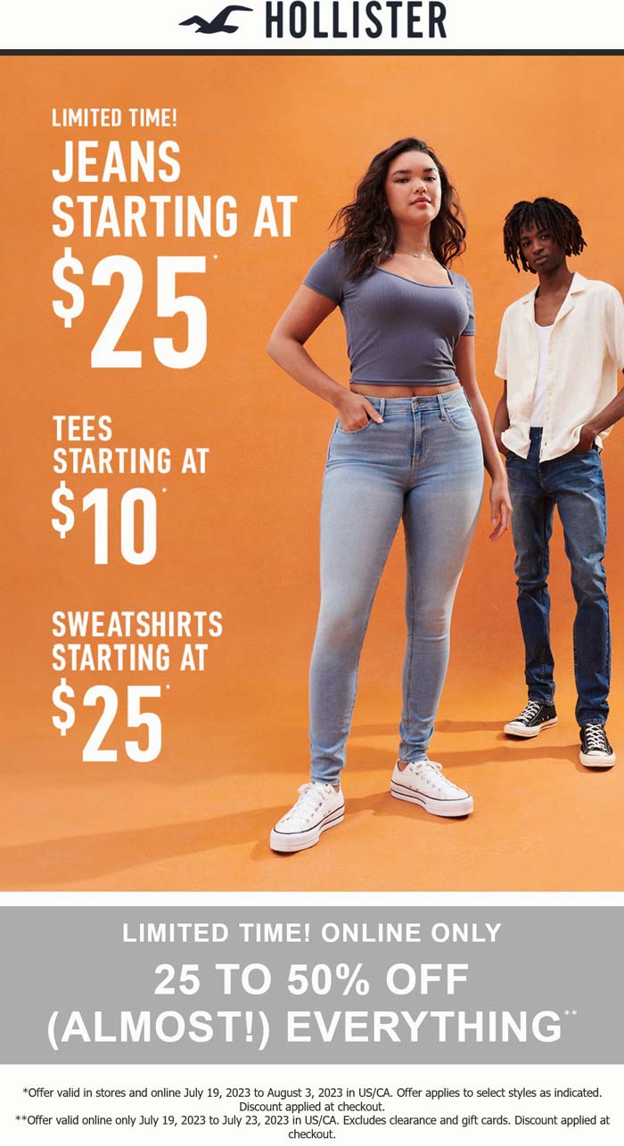 Hollister stores Coupon  25-50% off everything & $25 jeans online at Hollister #hollister 