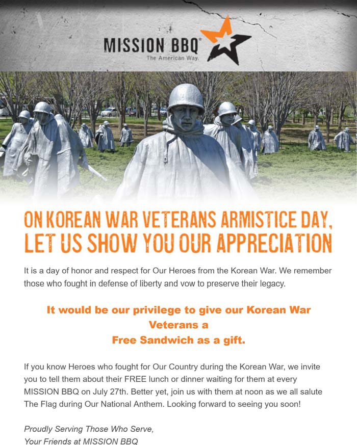 Mission BBQ restaurants Coupon  Korean war vets enjoy a free lunch or dinner the 27th at Mission BBQ #missionbbq 