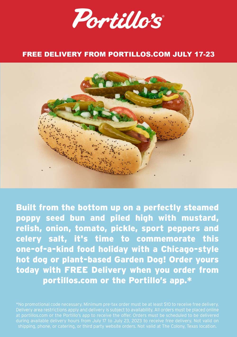 Portillos restaurants Coupon  Free delivery on $10 at Portillos restaurants #portillos 