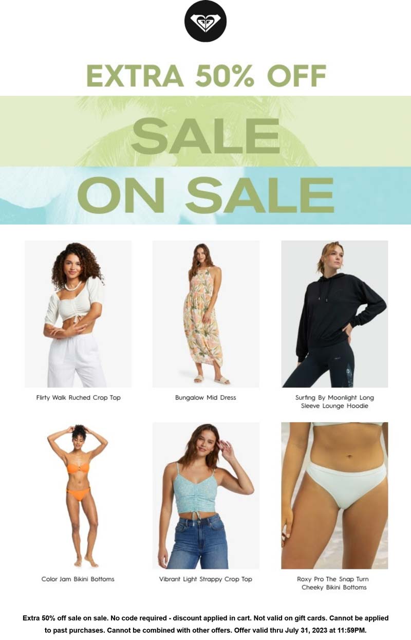 Roxy stores Coupon  Extra 50% off sale items online at Roxy #roxy 