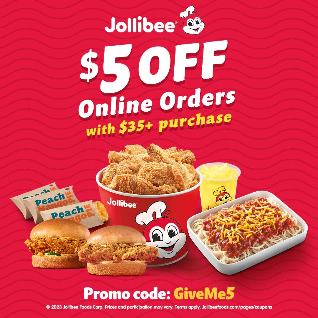 Jollibee restaurants Coupon  $5 off $35 online at Jollibee restaurants via promo code GiveMe5 #jollibee 