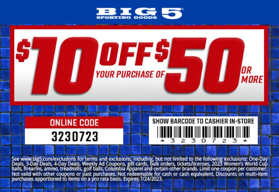 Big 5 stores Coupon  $10 off $50 at Big 5 sporting goods, or online via promo code 3230723 #big5 