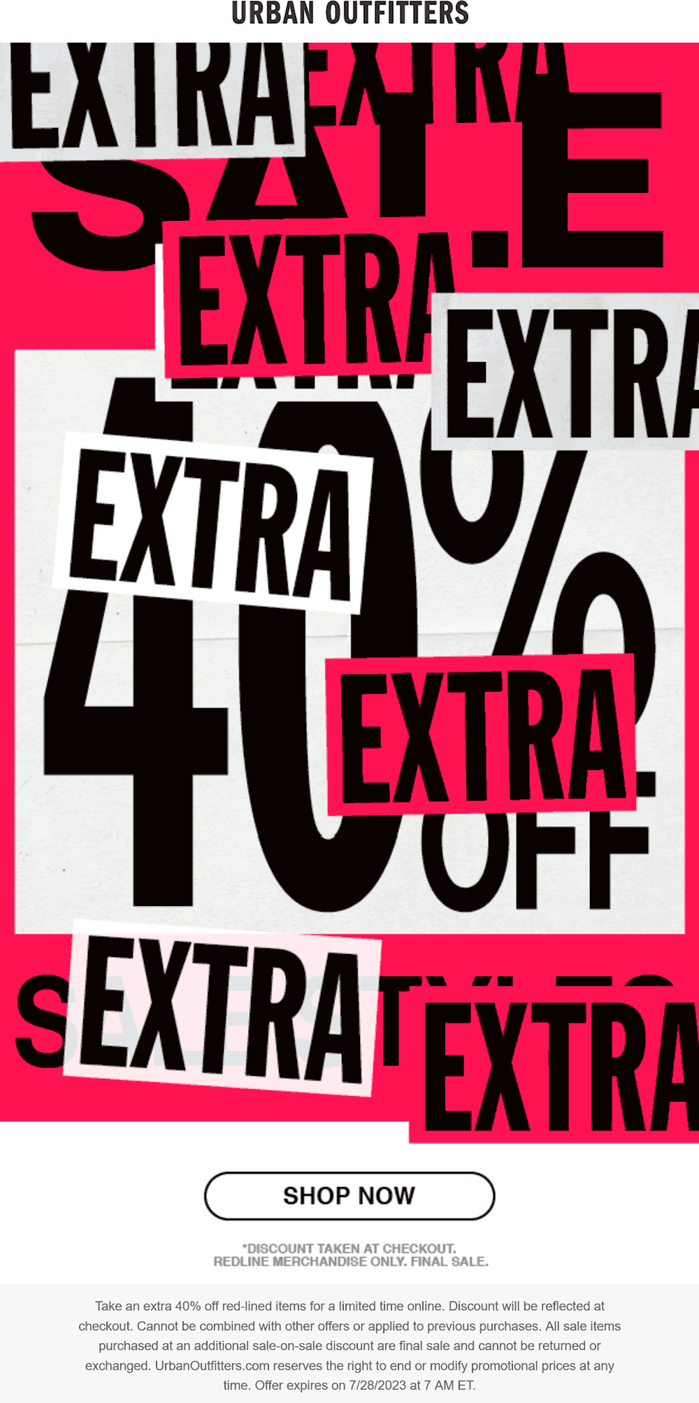 Urban Outfitters stores Coupon  Extra 40% off sale items online at Urban Outfitters #urbanoutfitters 