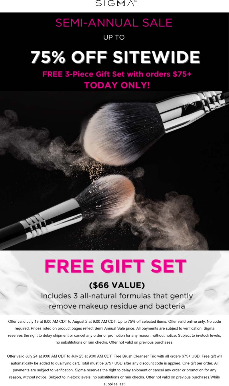 Sigma stores Coupon  Free brush cleanser trio on $75 today at Sigma beauty #sigma 