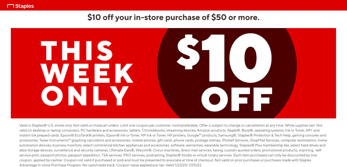 Staples stores Coupon  $10 off $50 at Staples office & school supplies #staples 