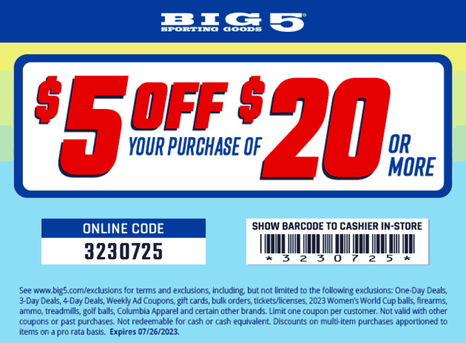 Big 5 stores Coupon  $5 off $20 at Big 5 sporting goods, or online via promo code 3230725 #big5 