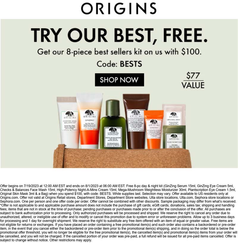 Origins stores Coupon  Free 8pc kit on $100 at Origins via promo code BESTS #origins 