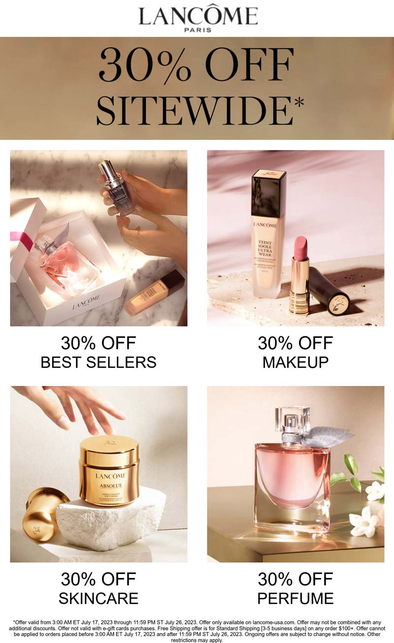 Lancome stores Coupon  30% off everything online logged in today at Lancome #lancome 